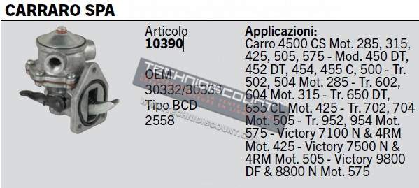 Pompe alimentation gasoil CERMAG 10390 CARRARO SPA 30332 / 30333 / Type BCD 2558