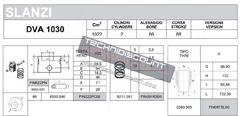 Kit Cylindre + Piston FIN2284KIT SLANZI DVA515 DVA1030 DVA1550 Ø86.00mm
