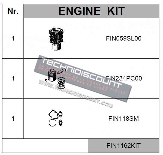Kit Cylindre + Piston complet + Pochette joints rodage FINIMPIANTI FIN1162KIT - VM Motori SUN 2105 (67A - 14764) ; SUN 3105 (68A - 07789) ; SUN 4105 (69A - 13780) ; SUN 6105 (71A - 08114) - SUN 4105T (70A) SUN 6105T (72A)