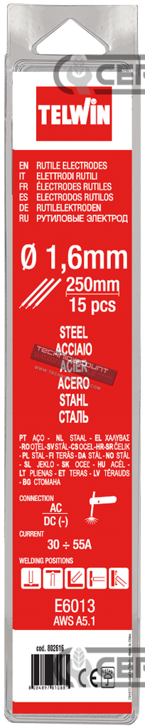 Paquet de 15 electrodes rutiles pour le soudage de l'acier  - Diamètre 1,6 mm TELWIN 802616