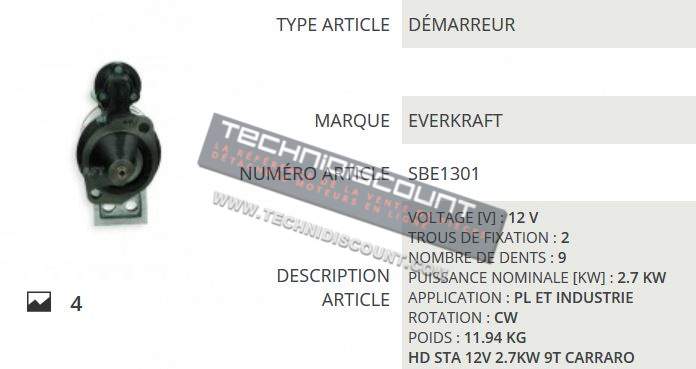 Démarreur SBE1301 equivalent BOSCH 0001362036 / 0001362023 - SLANZI 5840101 - SLANZI DS2000 DS3000 DS4000 DVA360 DVA2200 DVA3600 DELCO REMY DRS3305 (12V 2.7Kw 9 dents)