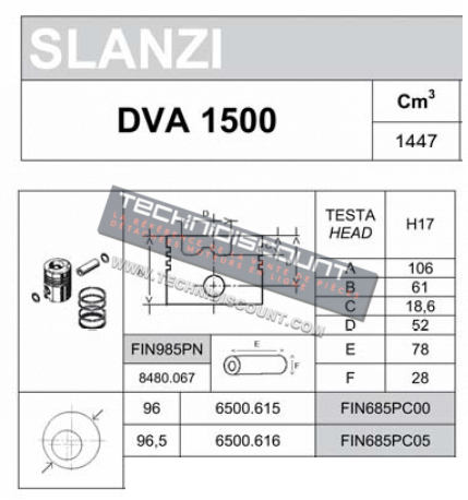 Piston complet DVA1500 SLANZI (Alesage Ø96.00mm 6500615 / FIN685PC00 ou Ø96.50mm 6500616 / FIN685PC05)