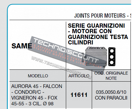 Pochette joints moteur SAME 983L tracteur AURORA 45 - FALCON - CONDOR/C - VIGNERON 45 - FOX 45-55 (3 cylindres Ø98mm) CERMAG 11611/ SAME 035.0050.6/10 0350050610