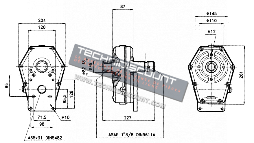 Multiplicateur pour pompes hydraulique des groupe 2 et groupe 3 avec prise de force pour transmission a cardan /  1" 3/8" femelle - male /  CERMAG 80955