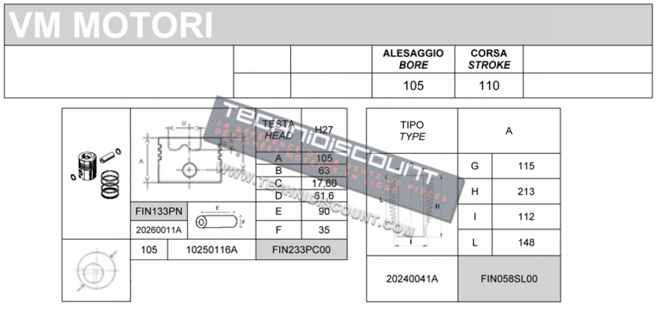 Kit cylindre + piston Ø105mm VM 1051SU  VM 1052SU  VM 1053SU VM 1054SU VM 1056SU - FIN1137KIT