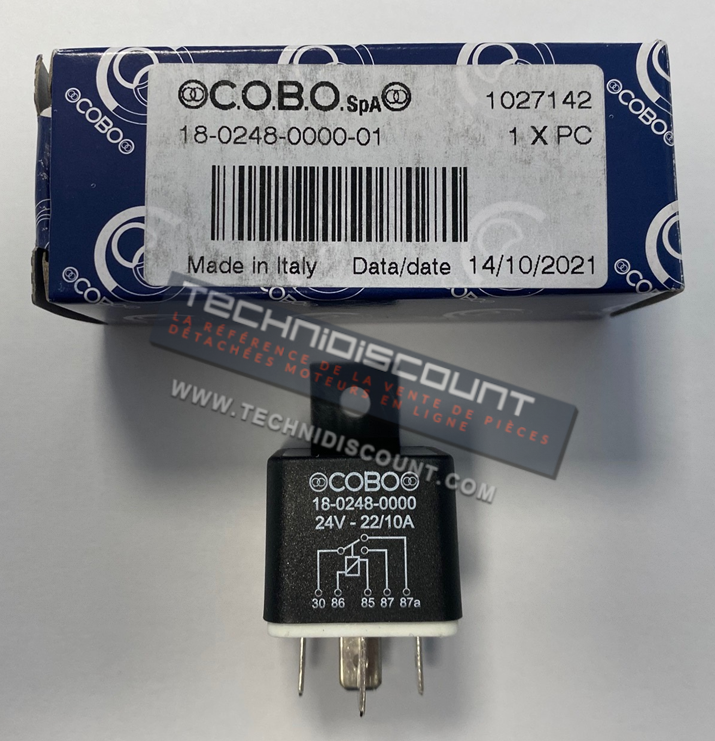 Relai 24V 22/10A COBO 18-0248-0000 Boite COBO 1027142 18-0248-0000-01 OEM 58035273 ; 3548190M91 ; 6350677 ; 46708004 ; VP122438 ; 06350752 ; 18.0248.0000 ; 1802480000