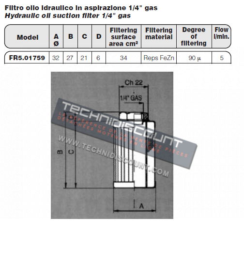 Filtre hydraulique aspiration 1/4" gas / FBN FR5.01759