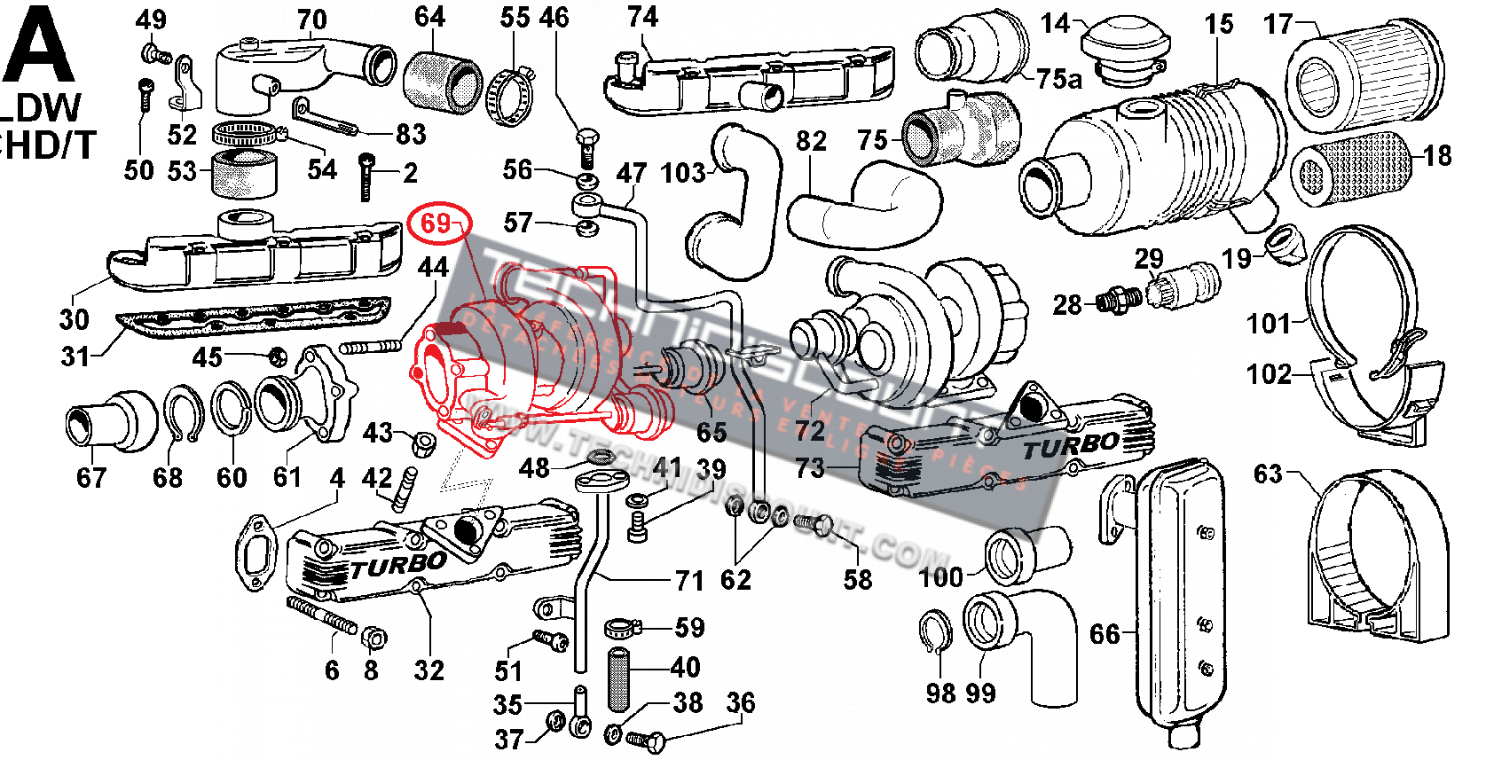 Turbo 9610059 LOMBARDINI ED0096100590-S KOHLER - LOMBARDINI LDW2004/T LDW2204/T - Turbocompresseur cote volant MITSUBISHI (ASP.L.VOL) TD025L05G