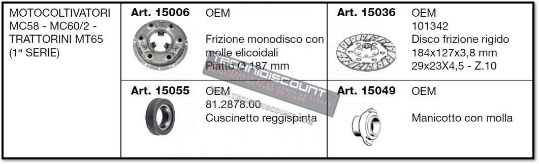 Kit embrayage FERRARI MC58 - MC60/2 - MT65 (1ere serie) MECANISME 15006 + DISQUE 15036 + BUTEE 15049 + ROULEMENT BUTEE 15055