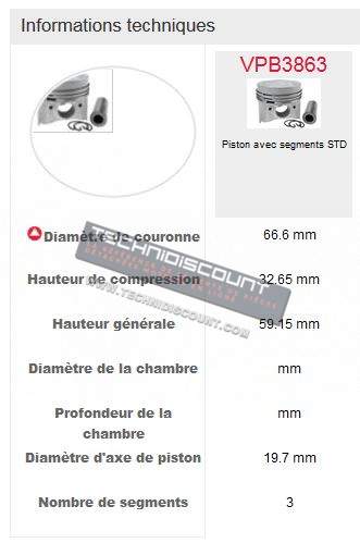 Piston avec segments VPB3863 / KUBOTA 16871-21772 - KUBOTA B7300HSD moteur KUBOTA D722-D10SP / KUBOTA B7400HSD moteur KUBOTA D722