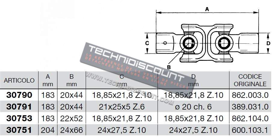 Joint de cardan complet - PASQUALI 862.003.0 (30790) ou 389.031.0 (30791) ou 862.104.0 (30753) ou 600.103.1 (30751)