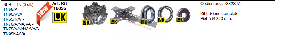 Kit embrayage complet  Ø280mm LUK 73328271 FIAT RUOTE NEW HOLLAND Série TN (3cyl) TN55 TN60TN65TN70 TN75 TN95