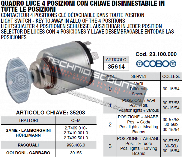 Contacteur a cle COBO 23.100.000 / PASQUALI 996.406.0 / GOLDONI ARRARO 30155 / SAME LAMBORGHINI HURLIMANN 2.7409.010 ; 2.7410.001.0 ; 2.7439.501.0