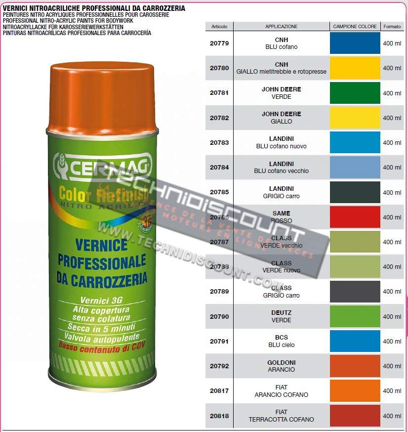 Bombe de peintures nitro acryliques professionnelles pour carosserie 400ml / Vert JOHN DEERE ou Orange GOLDONI