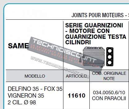 Pochette joints moteur SAME 982L tracteur DELFINO 35 - FOX 35 - VIGNERON 35 (2 cylindres Ø98mm) CERMAG 11610 / SAME 034.0050.6/10 0340050610