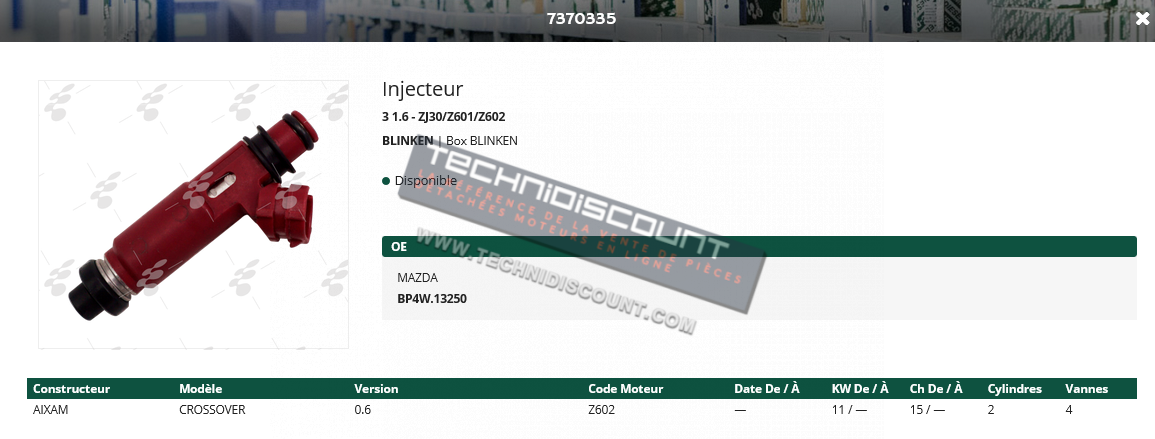 7370335 BLINKEN - Injecteur AIXAM Crossover 0,6 Code moteur Z602 - 3 1.6 - ZJ30/Z601/Z602 / MAZDA BP4W.13250