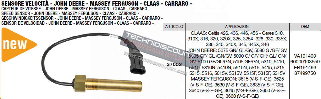 Capteur de vitesse OEM VA191493 60000103559 ER191493 87499750 MASSEY FERGUSON / JOHN DEERE / CLAAS / RENAULT