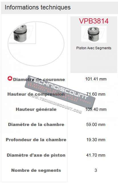 Piston avec jeu segments CUMMINS 6-590 CASE INTERNATIONAL 5130 5230 / VPB3814 A77410 (Case International) 3802060 (Cummins Engine) 3906223 + 3802040 (Cummins Engine)