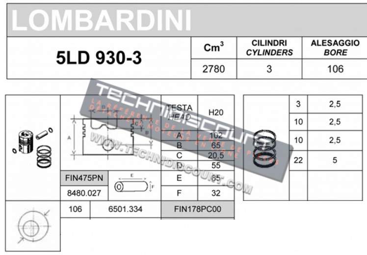 Piston 5LD930-3 5LD930-4 LOMBARDINI 6501334 / 6501.334 / KOHLER ED0065013340-S FINIMPIANTI FIN178PC00 DURALDUR DD3088204003