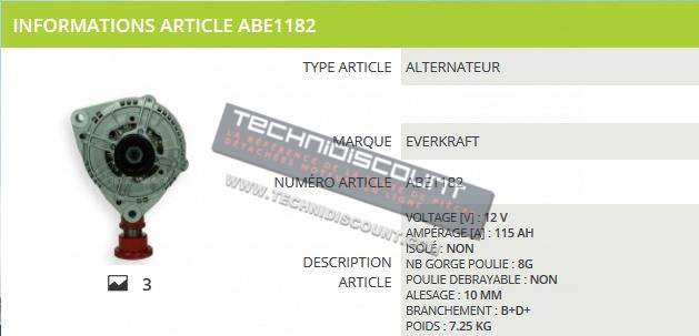 Alternateur 12V 115A EVERKRAFT ABE1182 MAHLE MG4 / JOHN DEERE JD6110