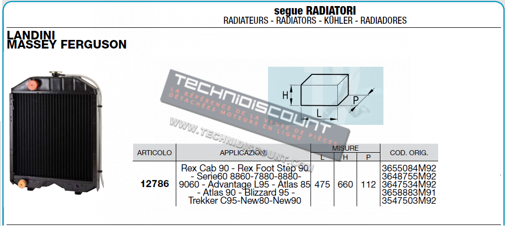 Radiateur CERMAG 12786 / LANDINI MASSEY FERUSON Rex Cab 90 Rex Foot Step 90 Serie60 8860-7880-8880- 9060 Advantage L95 Atlas 85 Atlas 90 Blizzard 95 Trekker C95 New80-New90