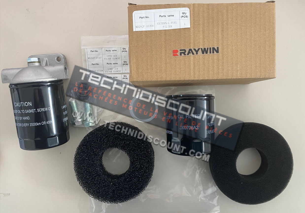 Kit filtration moteur RAYWIN RSA292 - Filtre huile JX0706A3 + MD168F-10008 ; MD292F-09200 + Filtre gasoil CX0708 MD292F-10300 + Elements filtre air MD292F-07107 + MD292F-07108