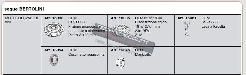 Kit Embrayage BERTOLINI Motocoltivatori 320 (Mecanisme 15331 OEM 81.9117.00 + Disque Embrayage 15035 OEM 81.9119.00 + Fourchette 15061 OEM 81.9127.00 + Roulement 15054 + Butée 15046)